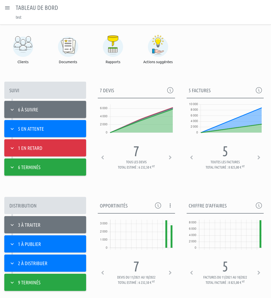 Tableau de bord de l'application de facturation Simpluse.app